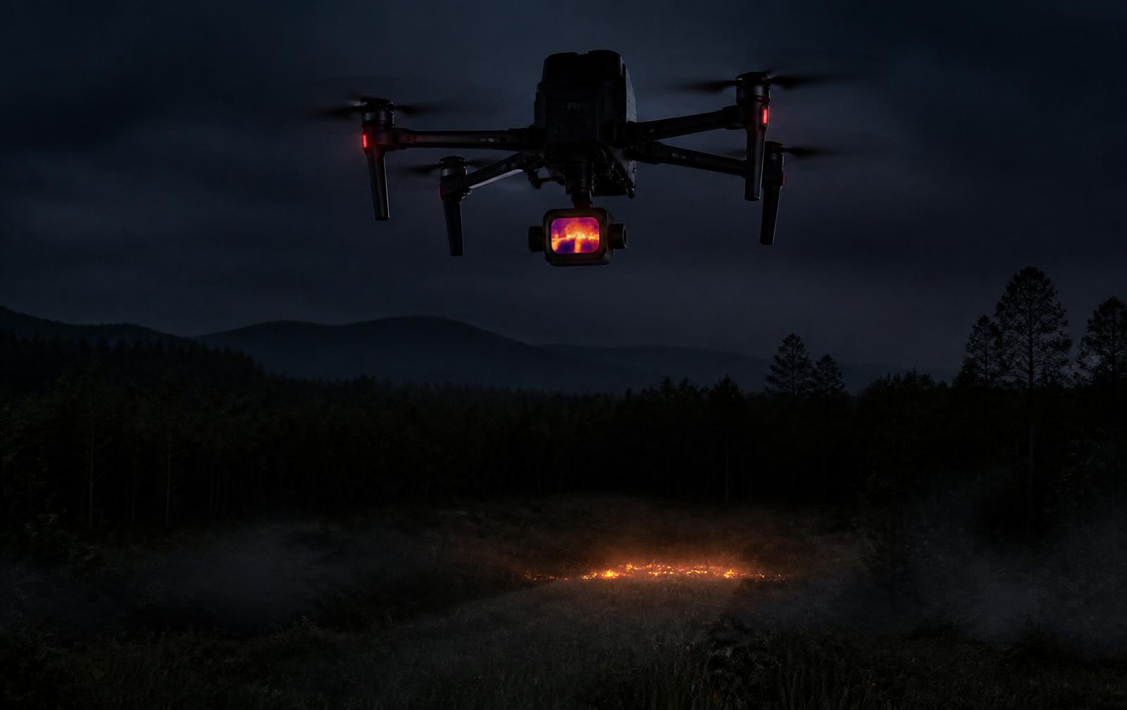 Thermal-equipped search drone hovering over a dark field at night